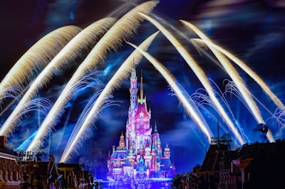 a castle lit up at night