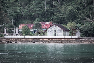A rustic riverside house with a weathered, multi-colored roof stands in front of a lush, dense forest. The building is surrounded by greenery and appears old but well-preserved. A stone wall separates the structure from the water, showing a rocky shore.