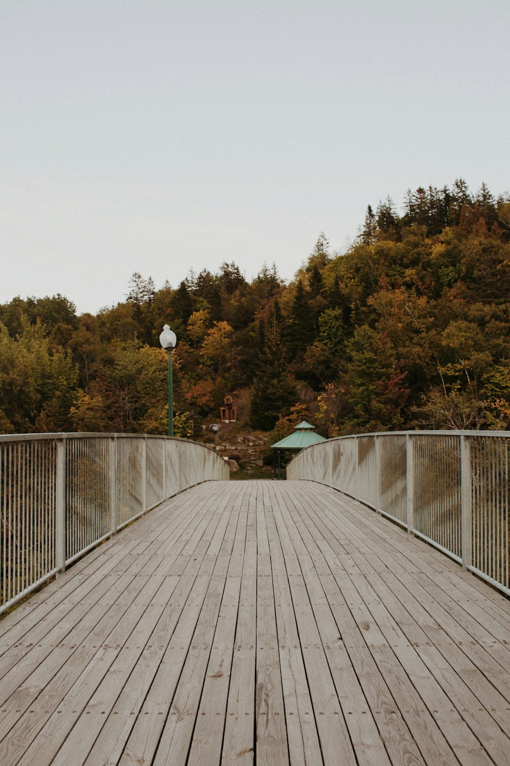 a wooden bridge with trees in the background