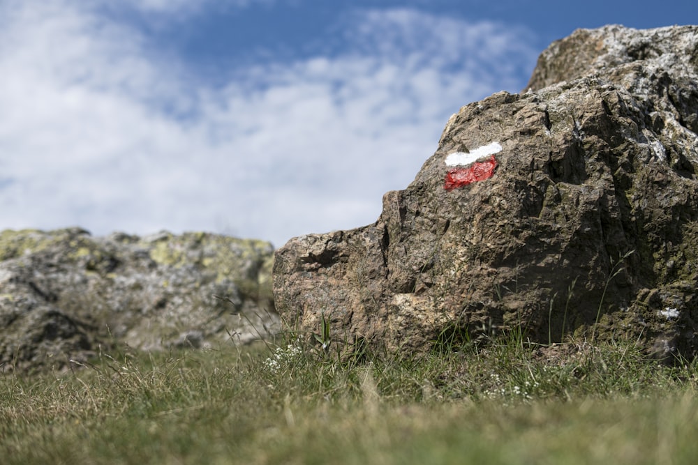 a red and white sign on a rock