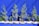 Several young pine trees and small plants are lined up in sacks, set against a vivid blue vertical slatted background. The plants are neatly arranged, and the sunlight casts distinct shadows, enhancing the vibrant contrast between the greenery and the bright backdrop.