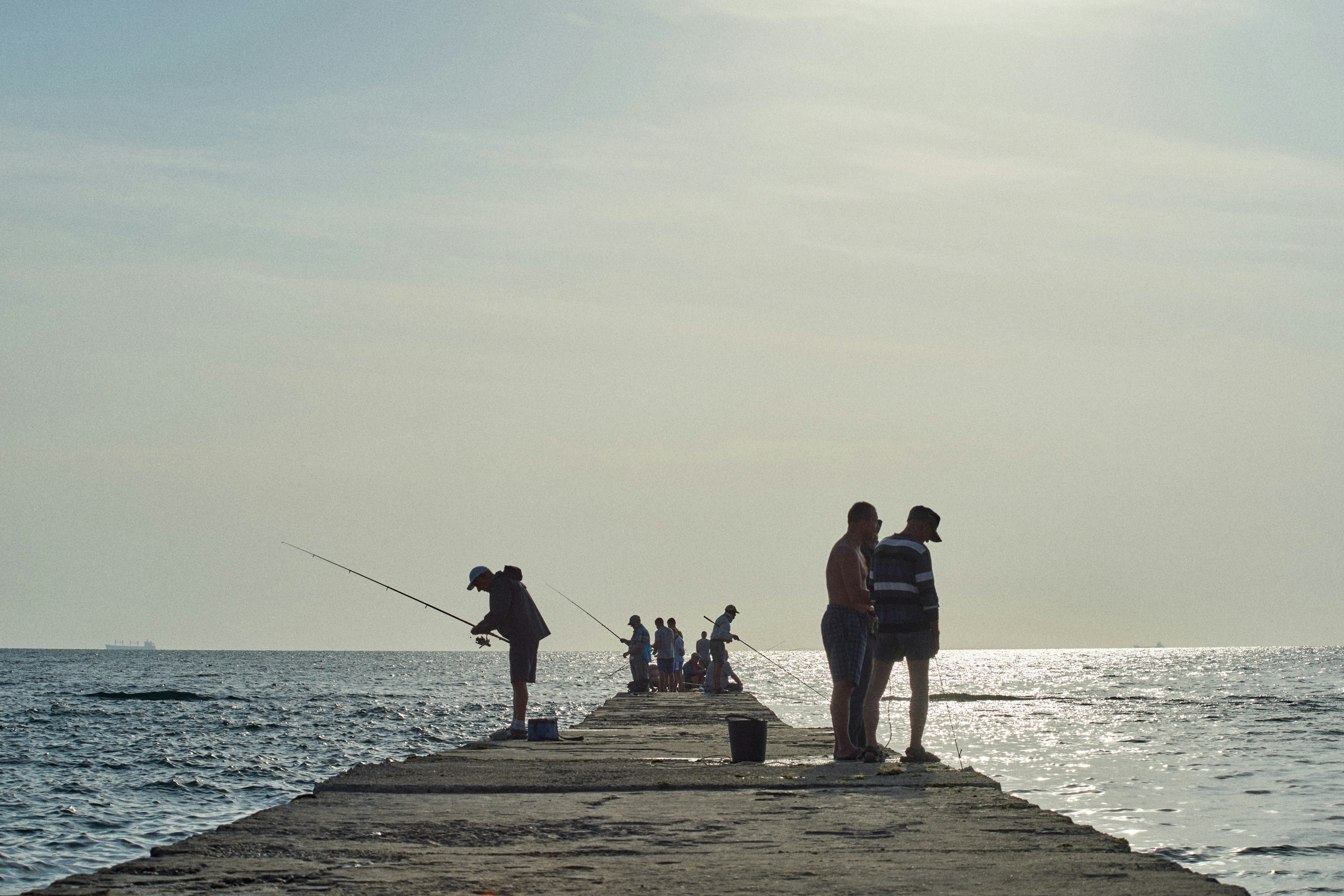 a group of people fishing on a pier