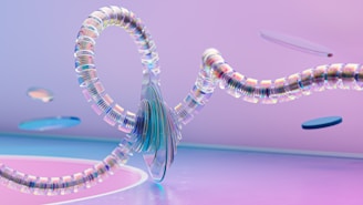 A futuristic abstract digital artwork features a central translucent spiral structure with iridescent segments, floating in a space with a soft pink and blue gradient background. Several thin, disk-like elements hover around the main spirals, adding to the sense of motion and depth.