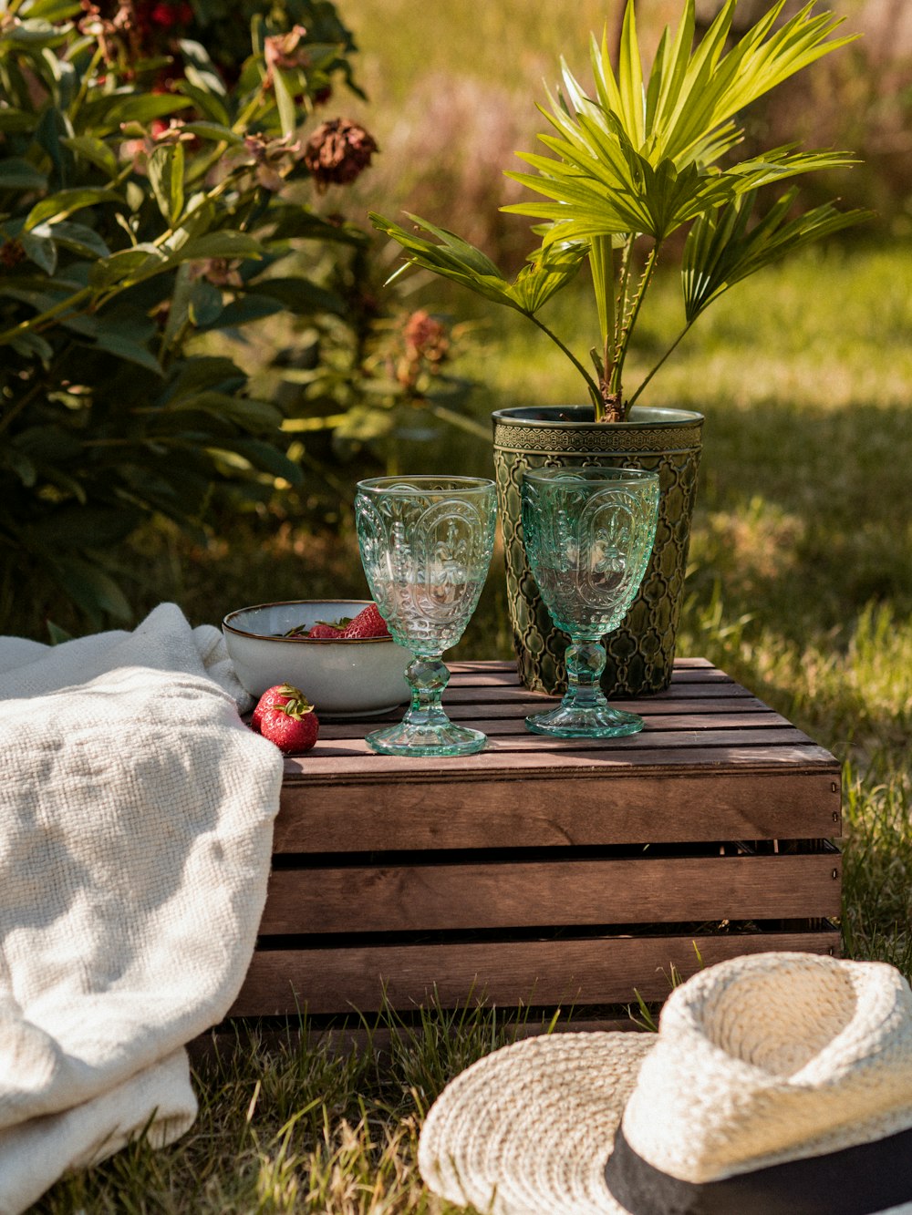 a group of glasses on a table