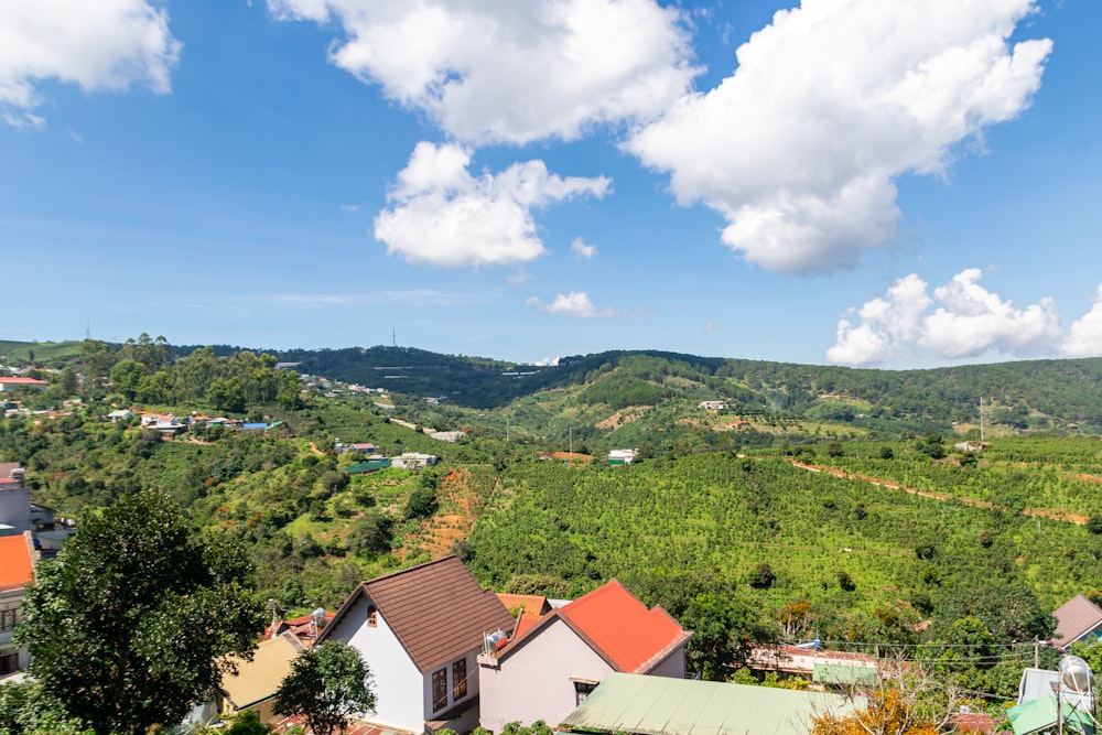 a town with trees and hills