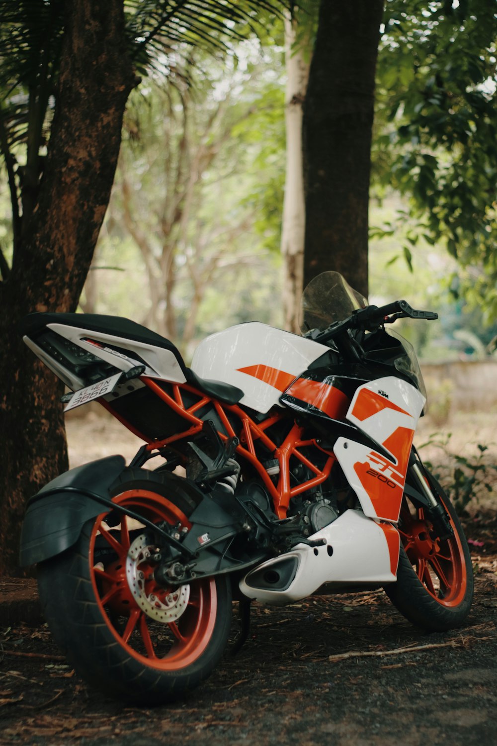 a motorcycle parked by a tree