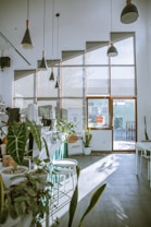 Bright, sunlit interior of a modern cafe with large windows allowing natural light to stream in. The room is filled with green potted plants, creating a fresh and lively atmosphere. Contemporary pendant lights hang from the ceiling, complementing the sleek, minimalist design. A counter with various coffee-making equipment and stools adds to the caf&eacute; ambiance.