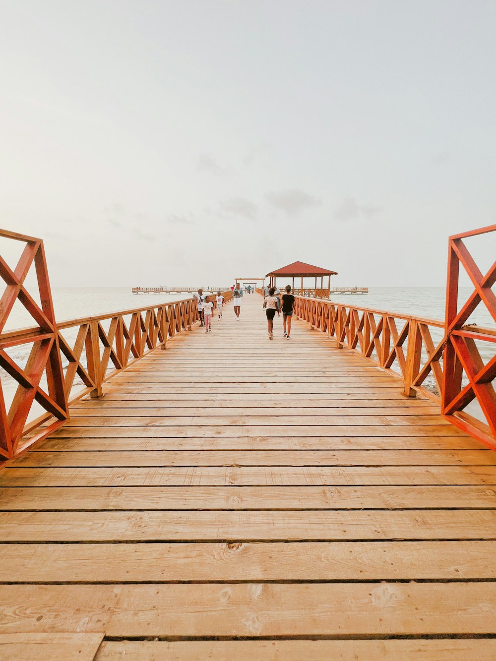 a group of people walking on a boardwalk