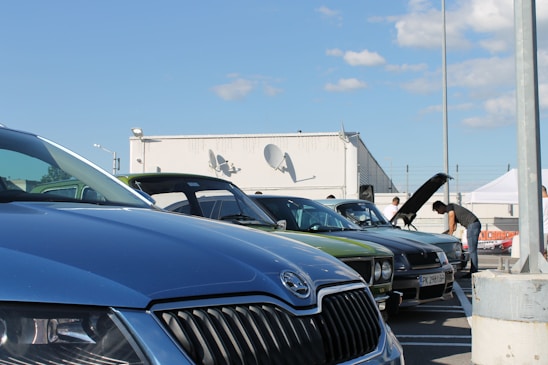 A friendly expert inspecting a car with a client in a sunny parking lot