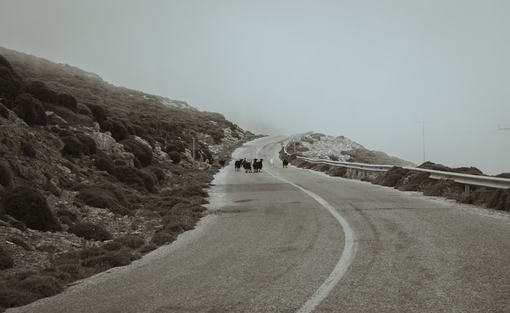 a road with a group of people on it and a hill with snow