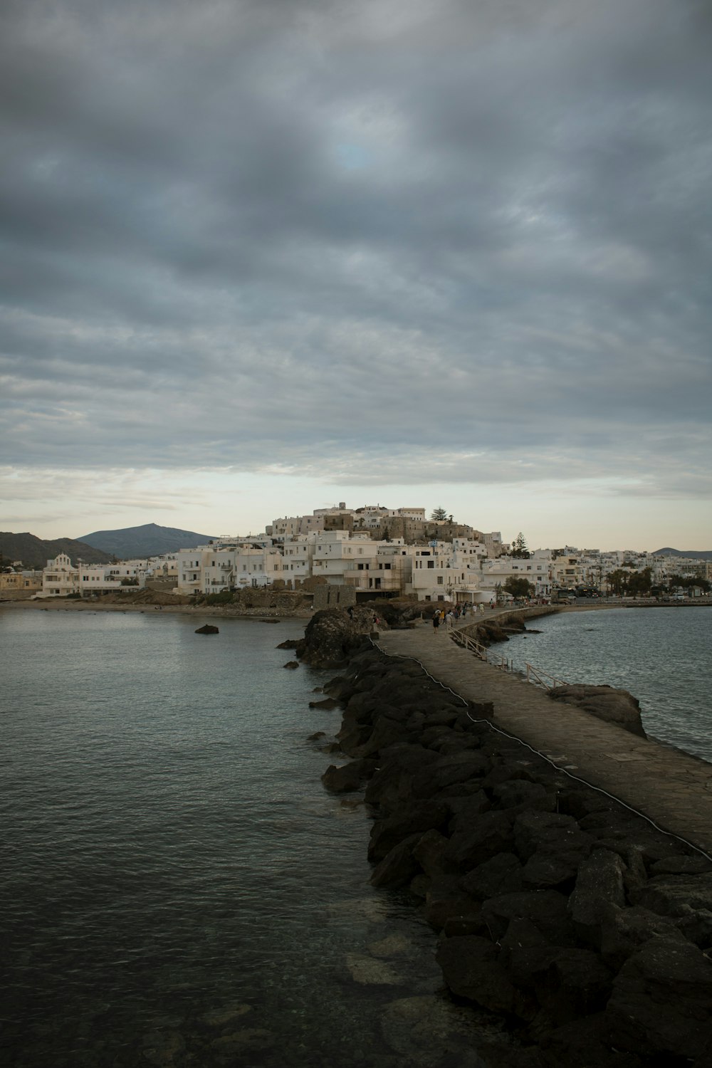 a rocky beach with buildings along it