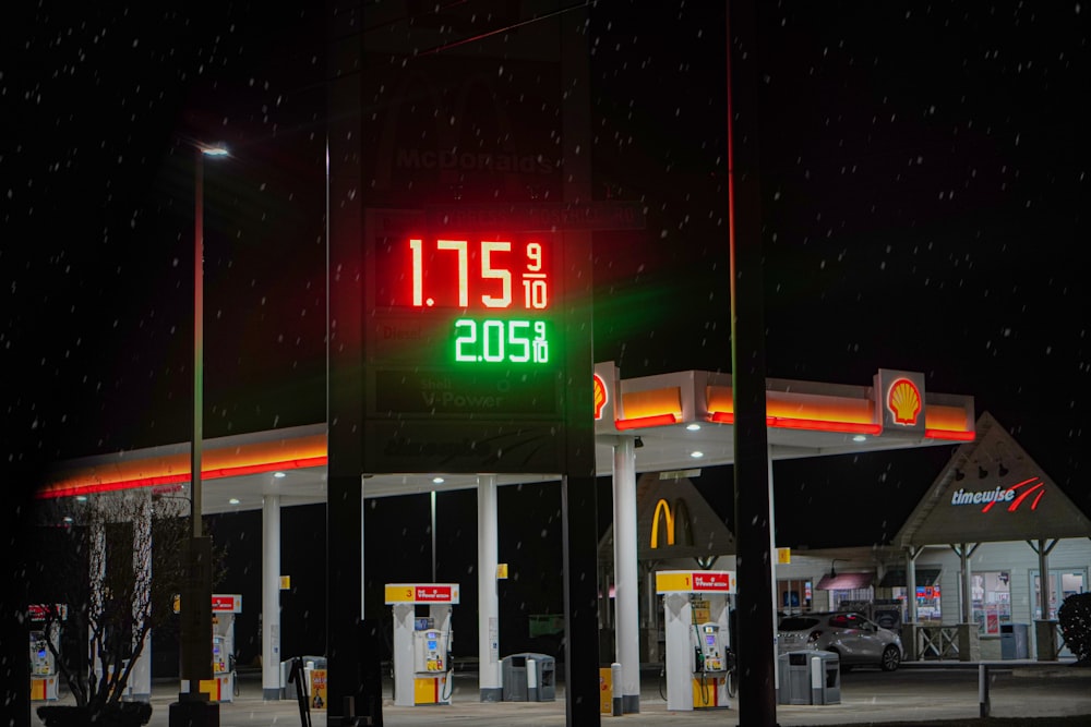 a gas station at night