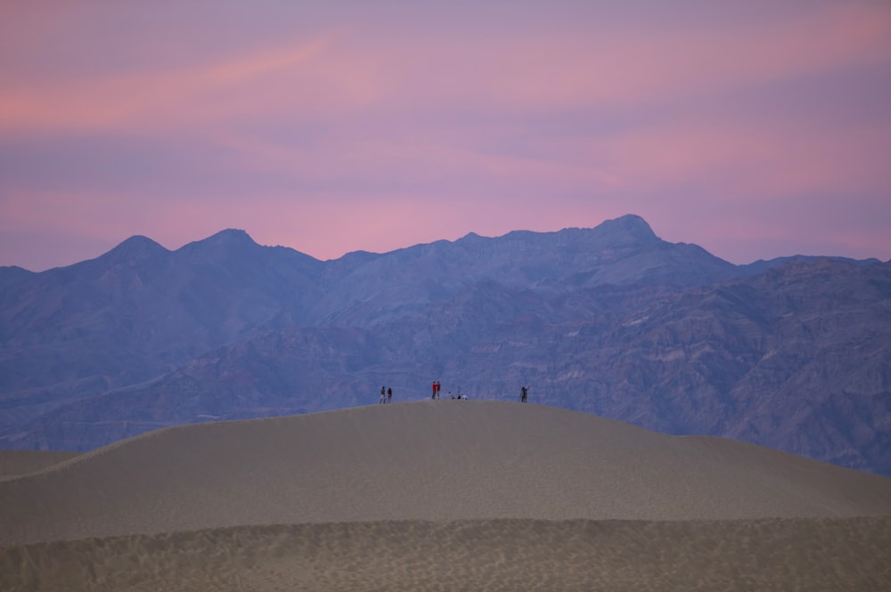 a group of people walking on a hill with mountains in the background