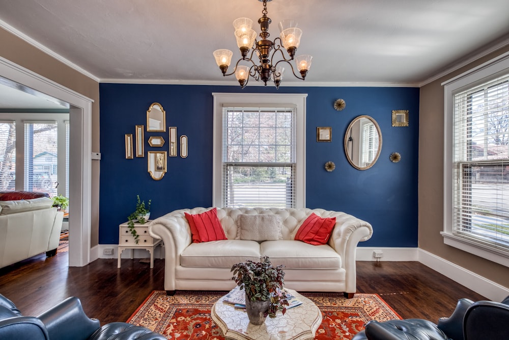 a living room with a couch and a table