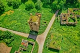 An aerial view of an abandoned area with a central tall, rectangular, brick structure. The surrounding landscape is lush with overgrown greenery, and several smaller, dilapidated buildings are scattered around. The roofs of the buildings are covered with vegetation, suggesting a state of decay and neglect. A narrow road runs through the middle of the scene.
