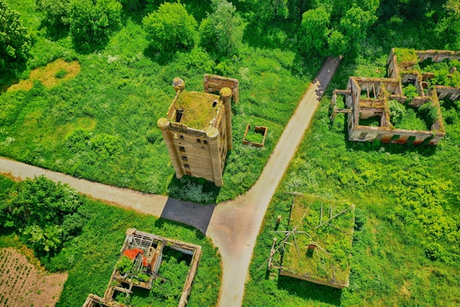 An aerial view of an abandoned area with a central tall, rectangular, brick structure. The surrounding landscape is lush with overgrown greenery, and several smaller, dilapidated buildings are scattered around. The roofs of the buildings are covered with vegetation, suggesting a state of decay and neglect. A narrow road runs through the middle of the scene.
