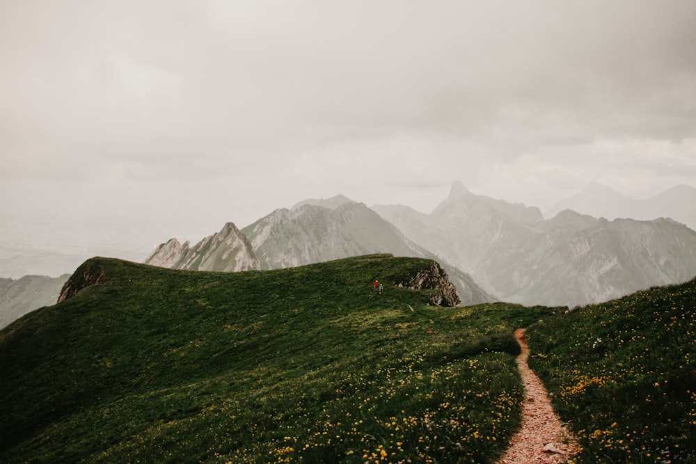 a dirt road leading up to a mountain range