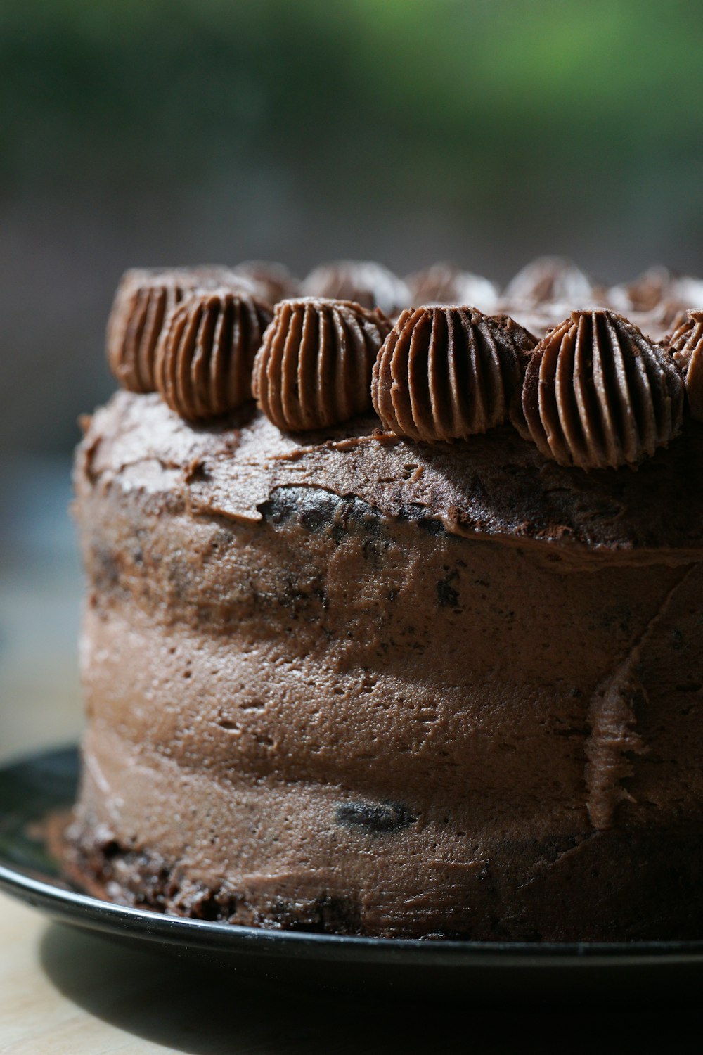 a chocolate cake with chocolate frosting