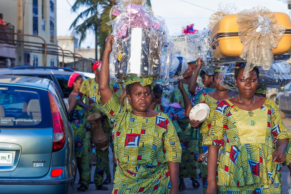 a group of people wearing colorful clothing