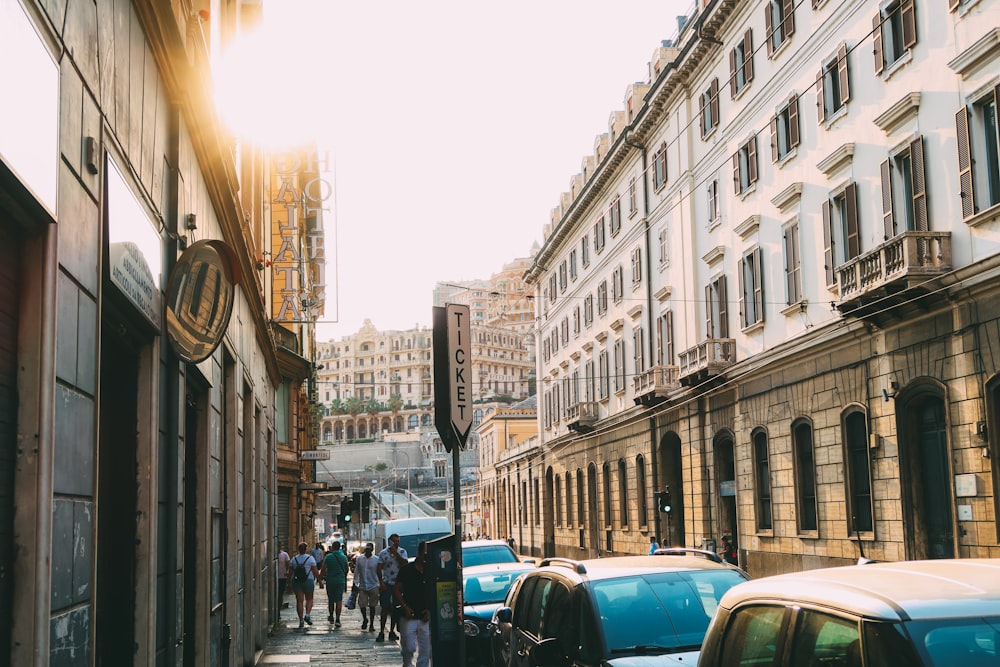 a busy street with cars and people