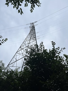 An electrical tower is prominently displayed from a low angle, surrounded by lush foliage and set against a cloudy sky.