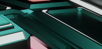 Dynamic overlapping geometric shapes with a tech-inspired color palette.
