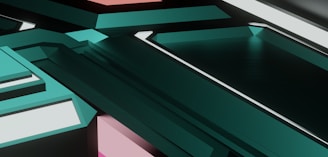 A geometric abstraction with overlapping teal and black shapes, featuring reflective surfaces and linear patterns. It includes accents of white and pink, creating a structured and futuristic aesthetic.