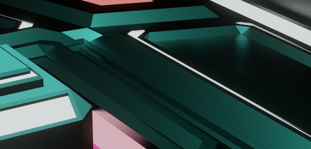 A geometric abstraction with overlapping teal and black shapes, featuring reflective surfaces and linear patterns. It includes accents of white and pink, creating a structured and futuristic aesthetic.
