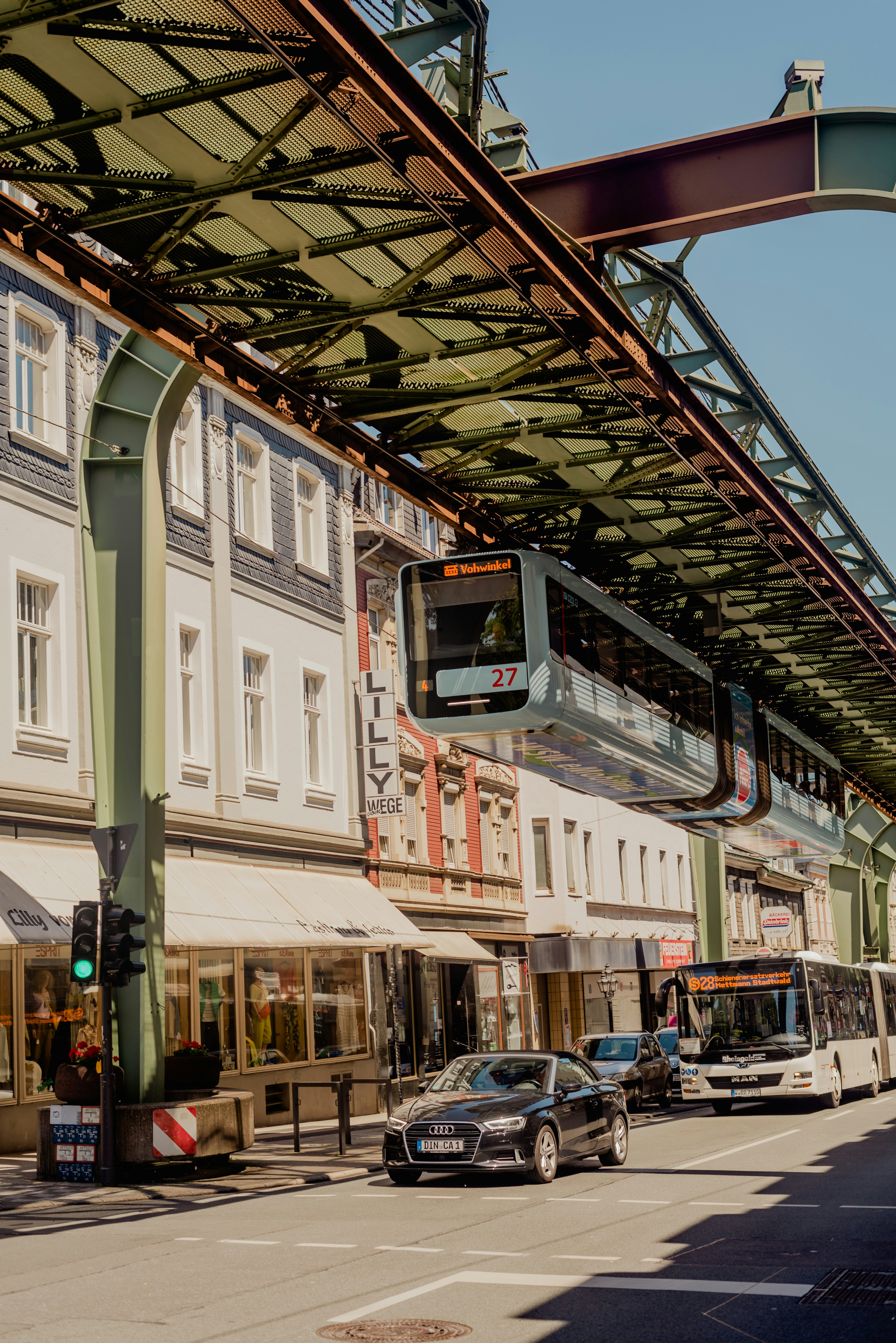 a train going under a bridge