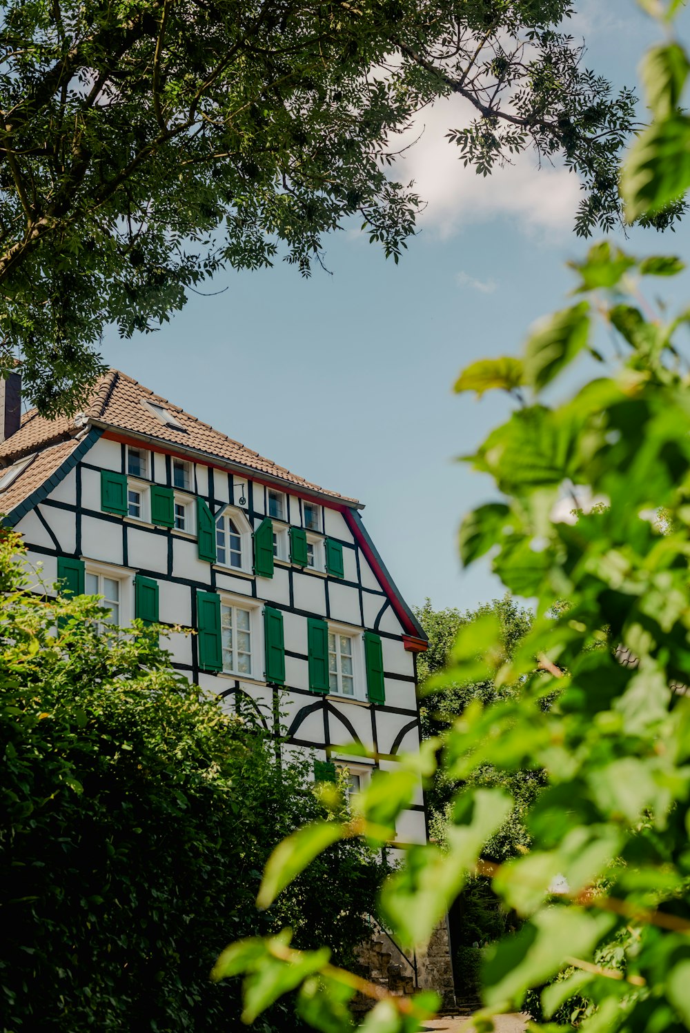 a building with green trim