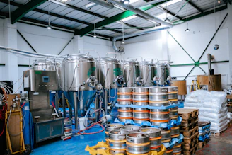 Commercial brewery with stainless steel brewing tanks and equipment