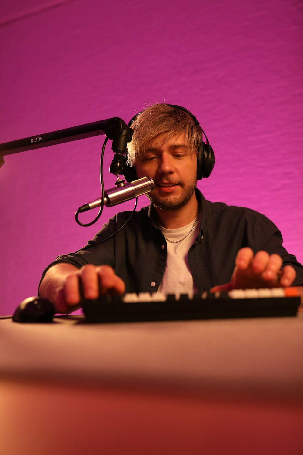 a person sitting at a podium