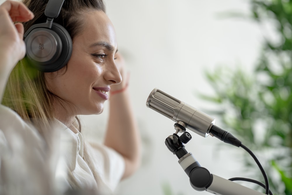 a woman using a headset