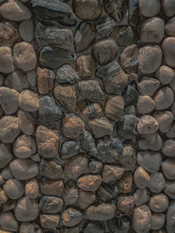 A close-up view of an arrangement of smooth stones, varying in size and color from light beige to dark gray. The stones are tightly packed together, creating a natural, textured pattern.