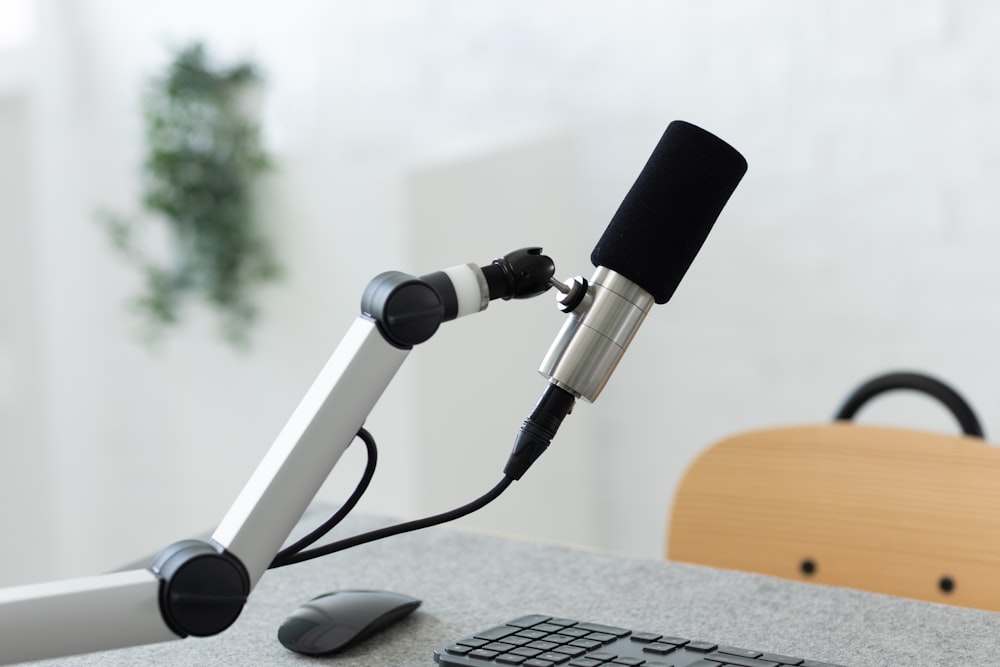 a microphone on a desk