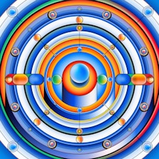 A vibrant and symmetrical geometric design featuring concentric circles and interconnected lines. The composition includes spheres and circular patterns in shades of blue, orange, and white, creating a complex and harmonious visual effect.