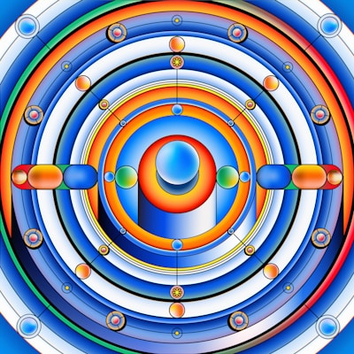 A vibrant and symmetrical geometric design featuring concentric circles and interconnected lines. The composition includes spheres and circular patterns in shades of blue, orange, and white, creating a complex and harmonious visual effect.