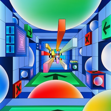 A vibrant and abstract scene featuring a 3D tunnel with geometric shapes and bright colors. The tunnel is lined with various cubes, spheres, and arrows, creating a sense of depth and perspective. The overall composition is symmetrical with intricate patterns and a combination of rectangular and spherical forms.