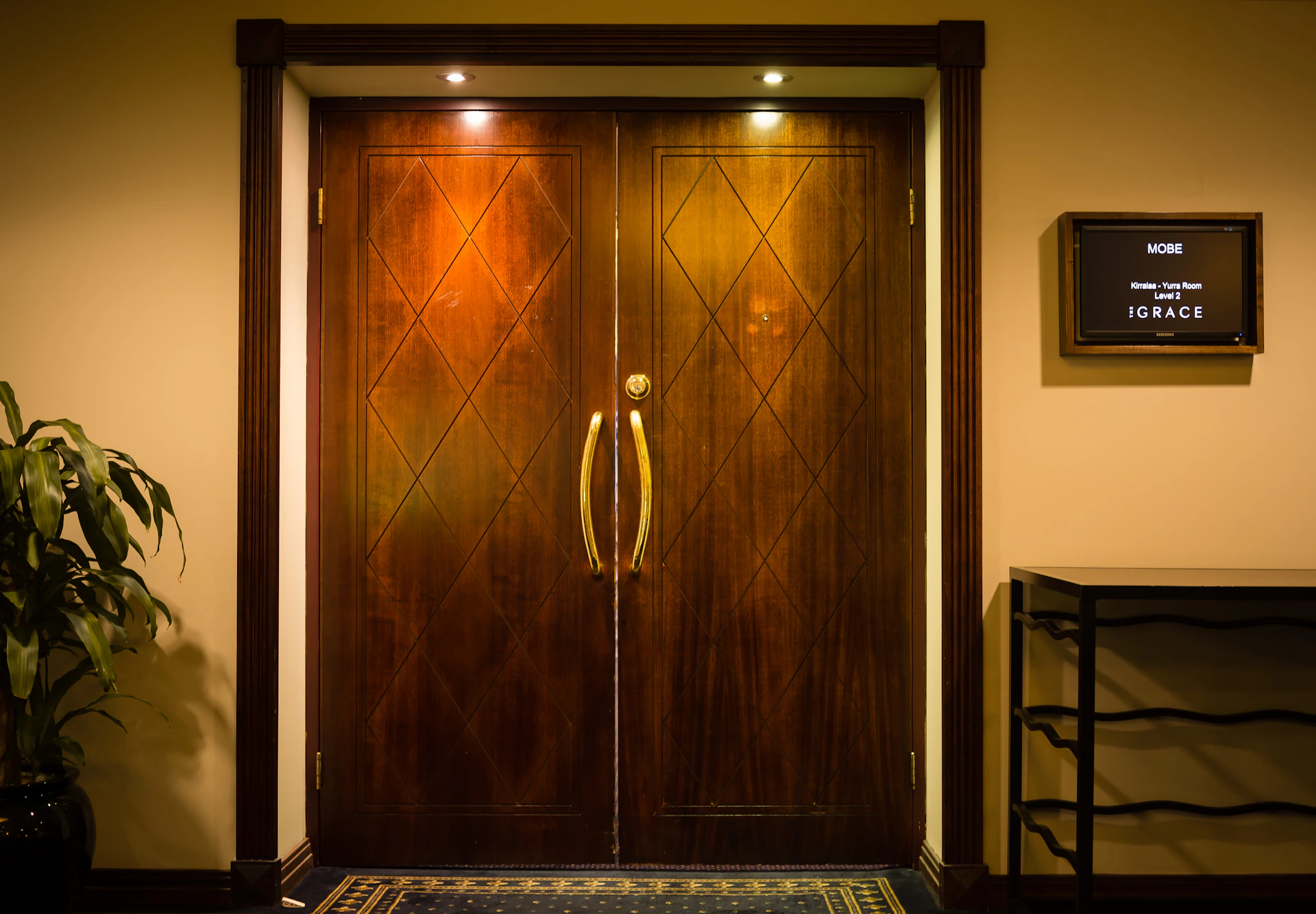 a wooden door with a television on the wall