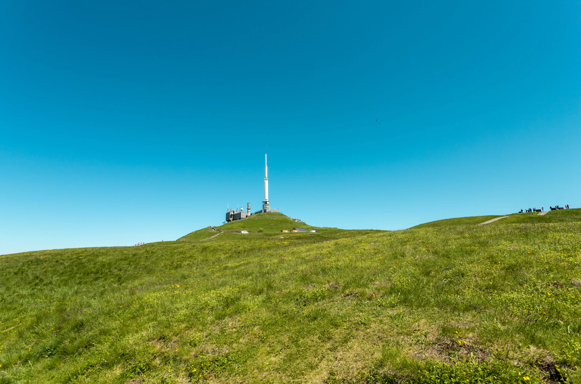 a grassy hill with a tower in the distance
