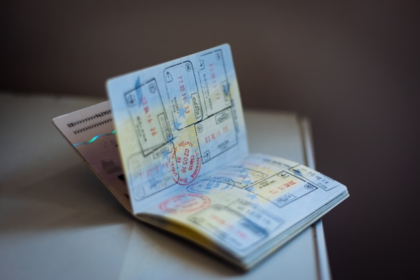 an open passport on a table