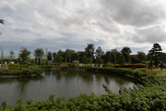 A serene view of the village pond surrounded by trees and people enjoying leisure time.