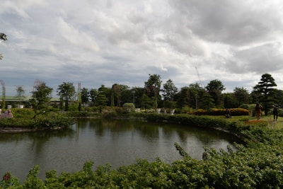 A serene view of the village pond surrounded by trees and people enjoying leisure time.