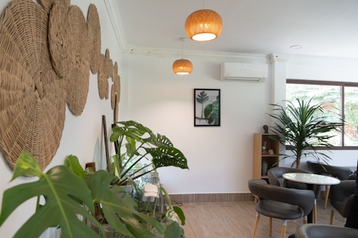 A modern and cozy interior space with a collection of wicker wall hangings and lush green plants adorning the room. Two woven pendant lights hang from the ceiling, providing warm ambient lighting. A framed botanical print adds an artistic touch to the minimalist decor. The room features comfortable seating with dark upholstered chairs and a small round table, while an air conditioning unit is mounted on the wall.