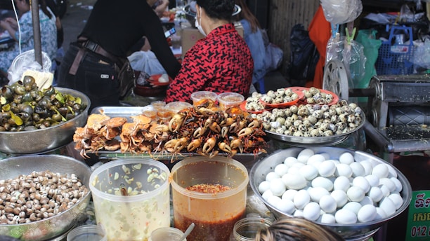 A vibrant display of traditional Cameroonian food products.