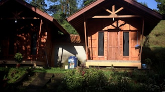 Two wooden cabins with pointed roofs are situated side by side in a lush, green area. The cabins are surrounded by plants and small trees, and a concrete walkway leads up to them. Sunlight casts dramatic shadows on the structures, highlighting their wooden textures. One cabin has a decorative object or sign in front, and the surrounding greenery adds a serene, natural atmosphere.