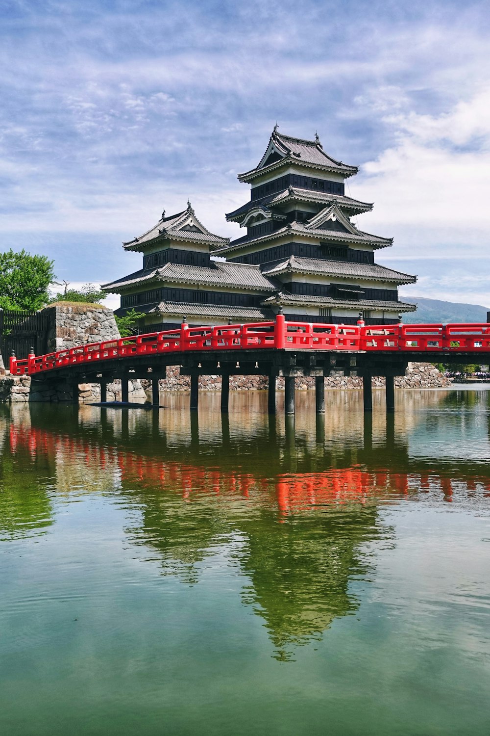 a red bridge over water