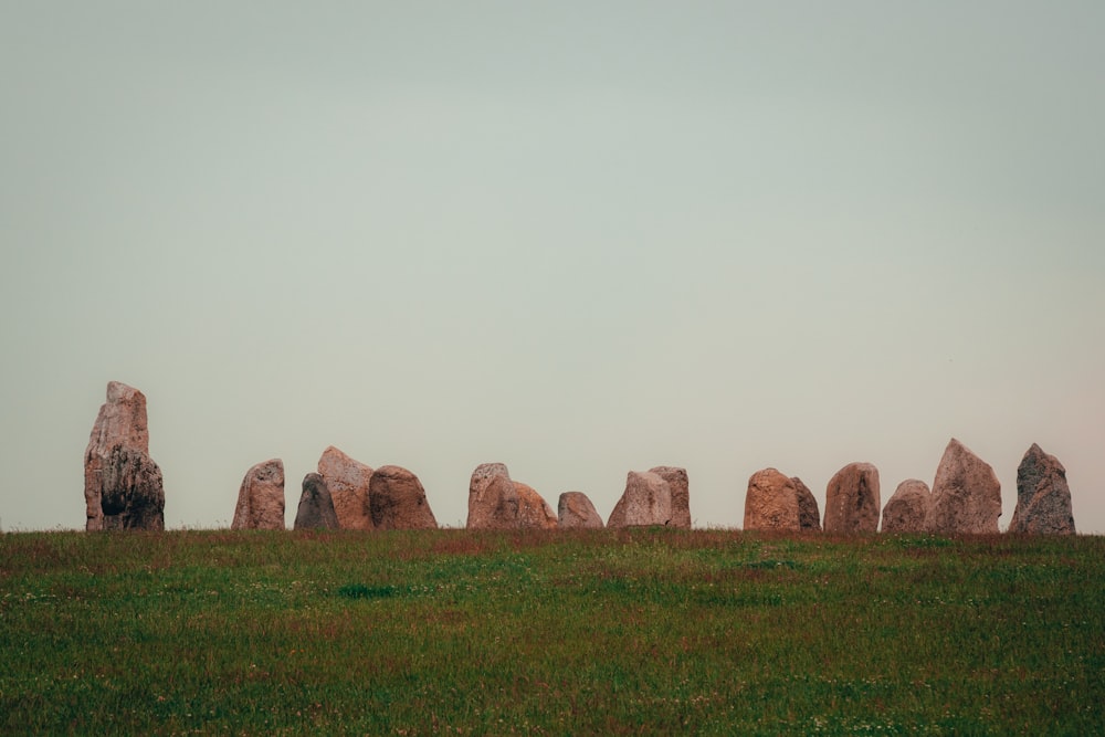 a field of grass with a group of large rocks in the background