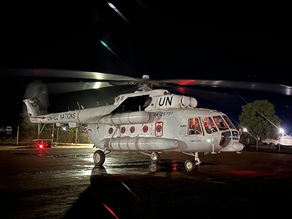 a helicopter at night