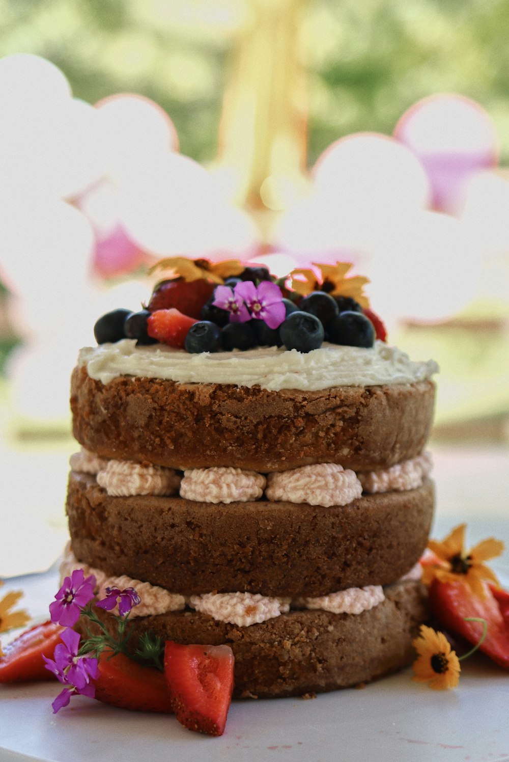 a stack of chocolate cake with blueberries on top